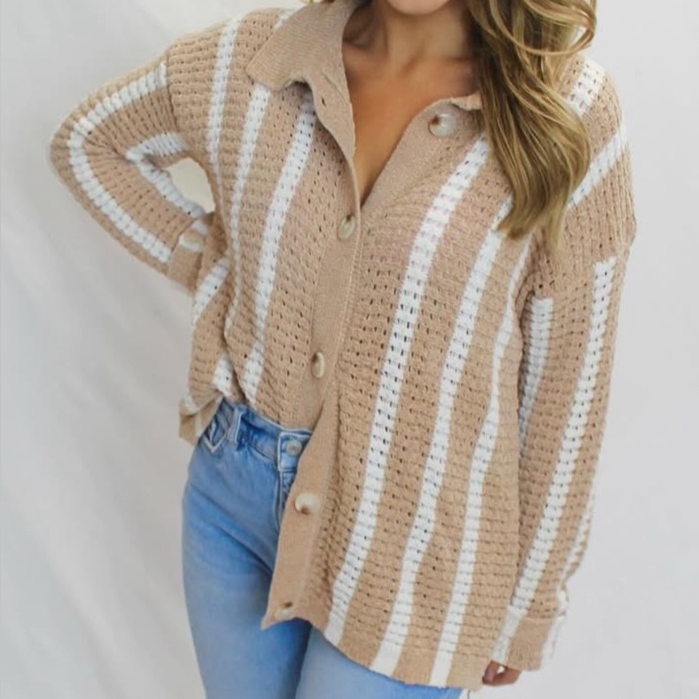 Beige and White Striped Button-Up Cardigan